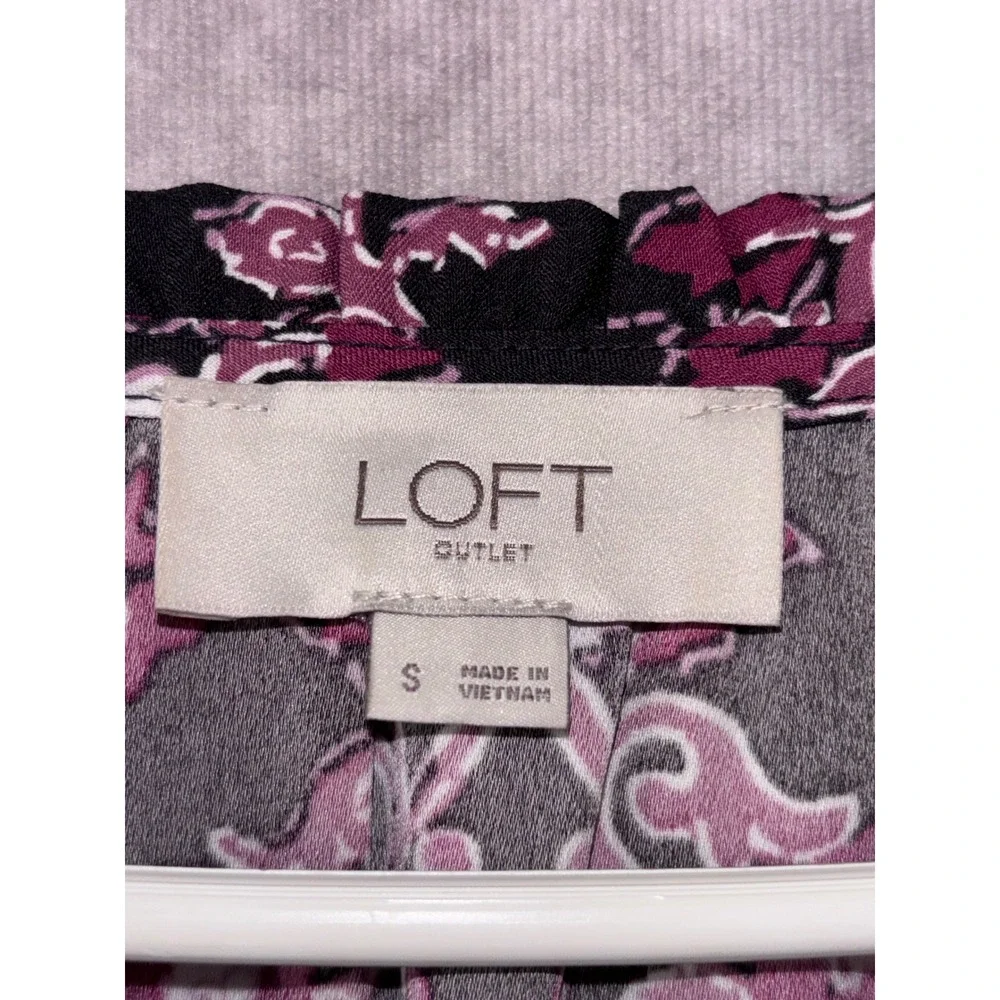 LOFT Women Small Black Purple Floral Ruffle Midi Dress Boho‎ Romantic